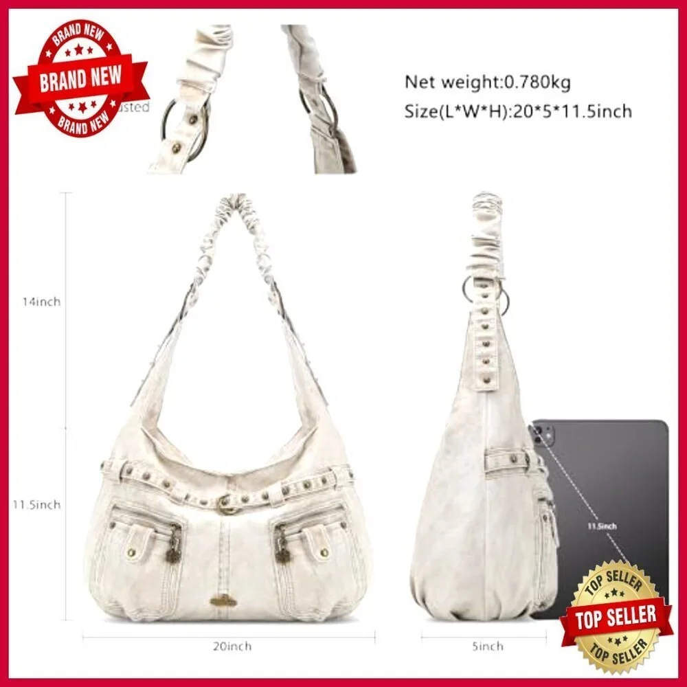 Large Vegan Leather Hobo Shoulder Bag with Studs and Multiple Pockets